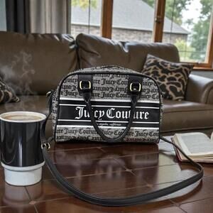 Juicy Couture Black Grey Monogram Satchel Crossbody Handbag Logo Purse Y2K